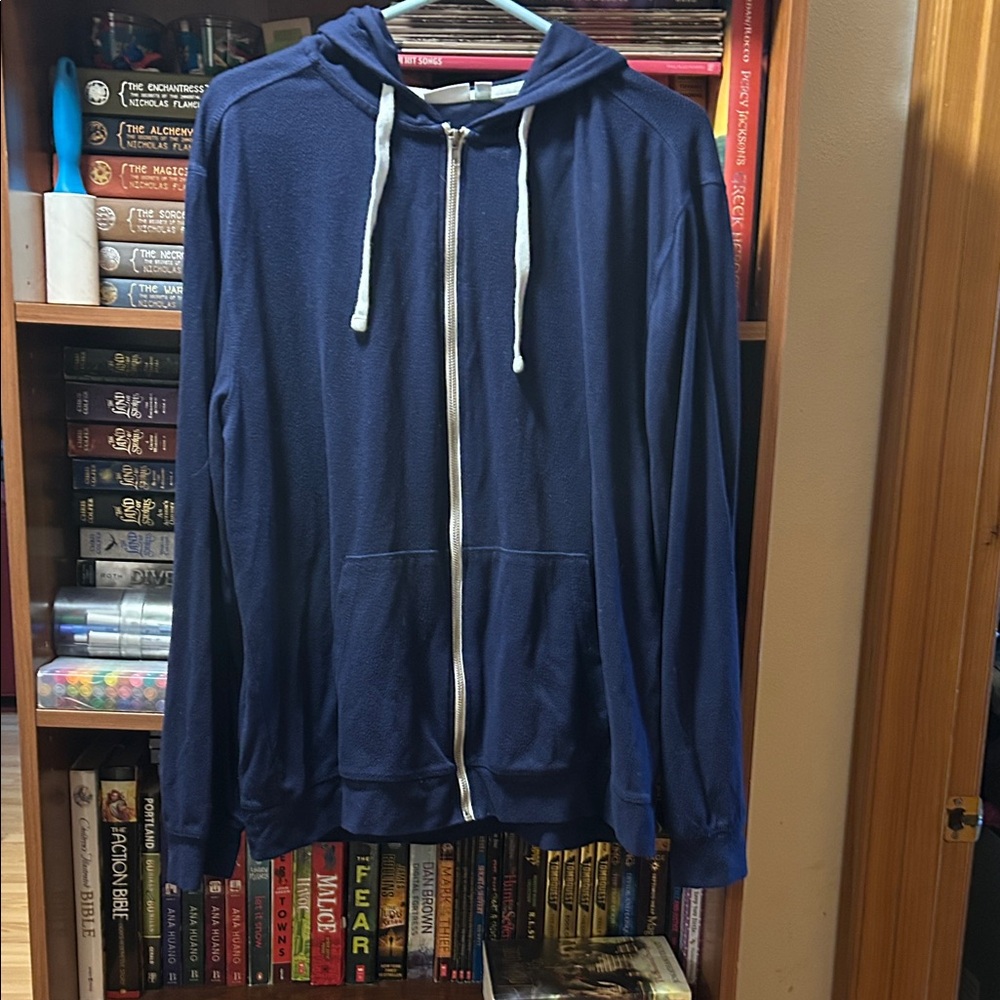 dip Navy Full-Zip Hooded Sweater with White Drawstrings